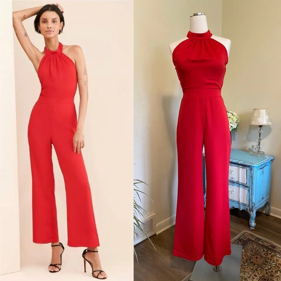 Adelyn Rae Pants - NWT Adelyn Rae Crepe Halter Jumpsuit Wide Leg High Waist Open Back Red, XS